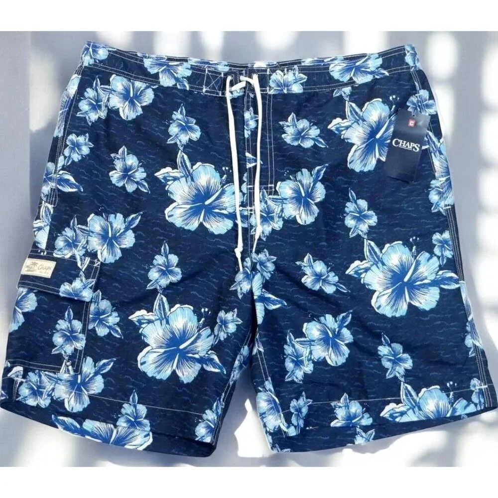 Ralph Lauren Chaps Mens Blue Floral Lined Swim Trunks Boardshorts NEW Medium